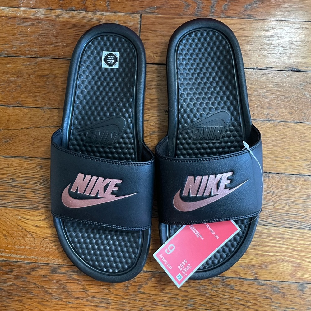 NEW Nike Womens Benassi JDI Slides Black/Rose Gold